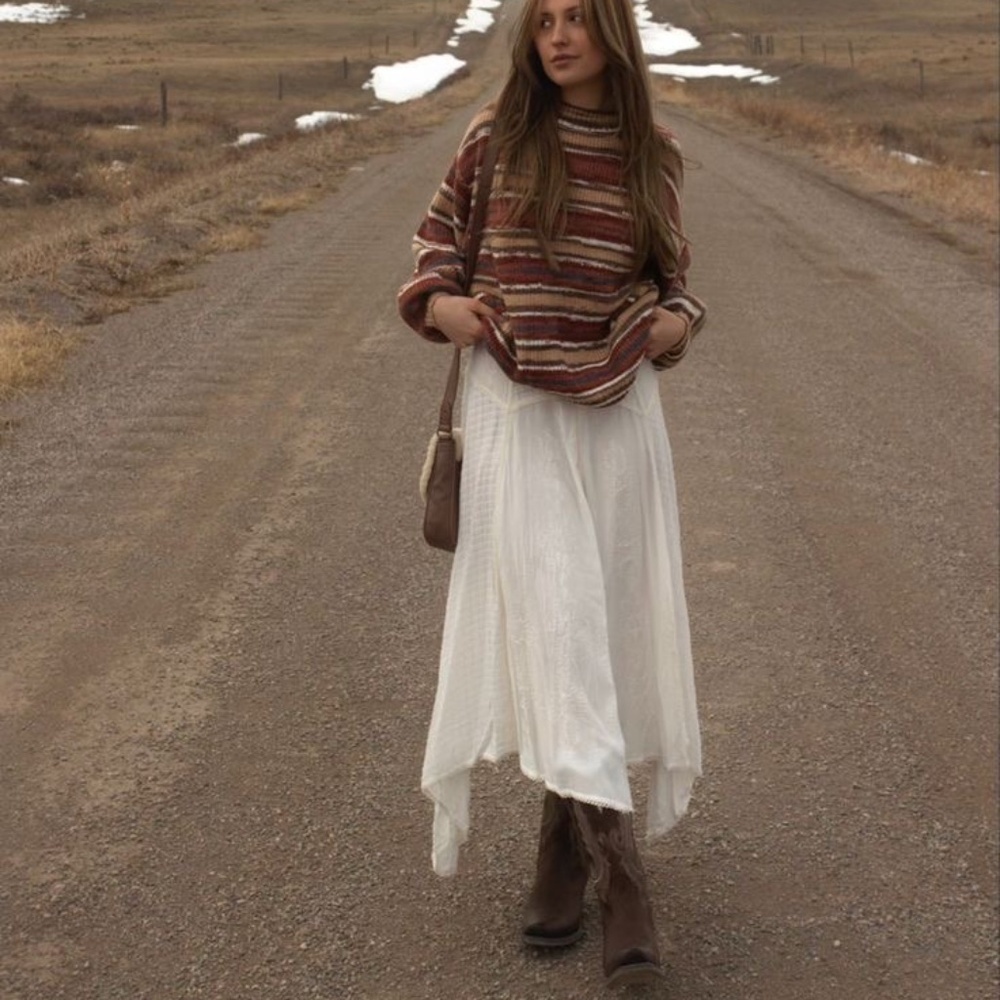 Linen Le Chateau Midi Skirt Asymmetrical White High Low Tiered Frayed Distressed